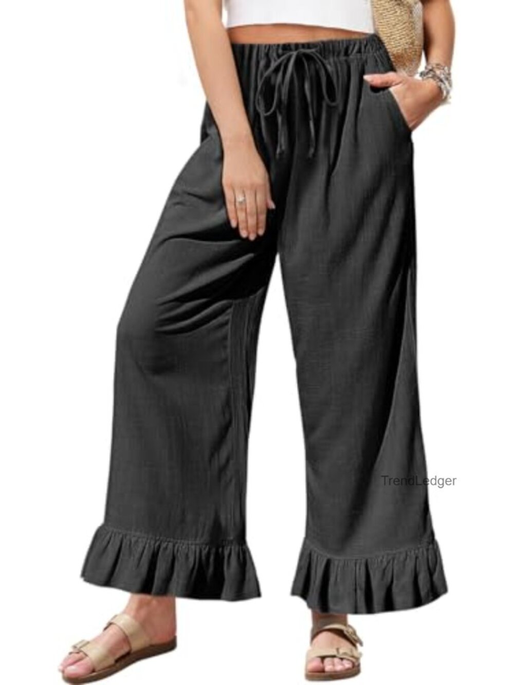 Linen Wide Leg Pants Drawstring Ruffle Hem Trousers Women's